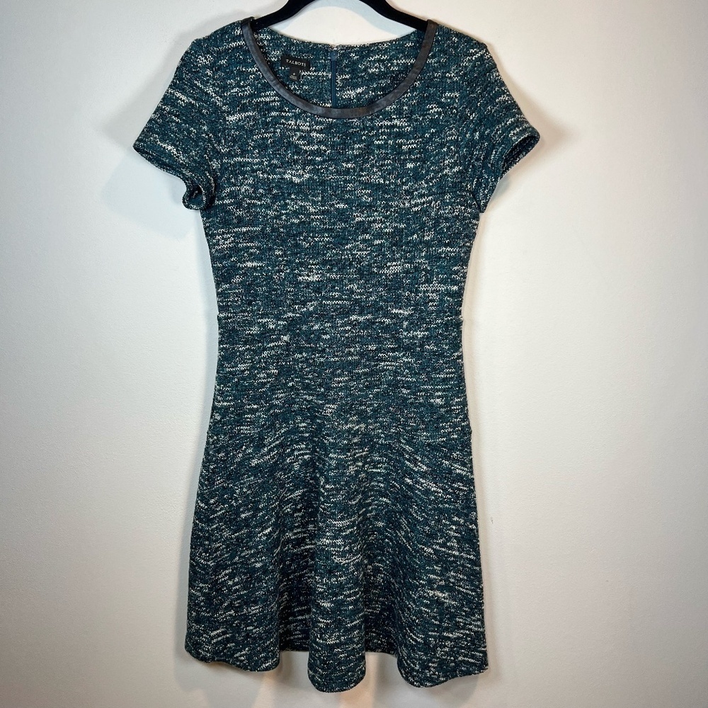 Talbots Marled Knit Faux Leather Trim Short Sleeve A-Line Dress Zip Office  Sz 4